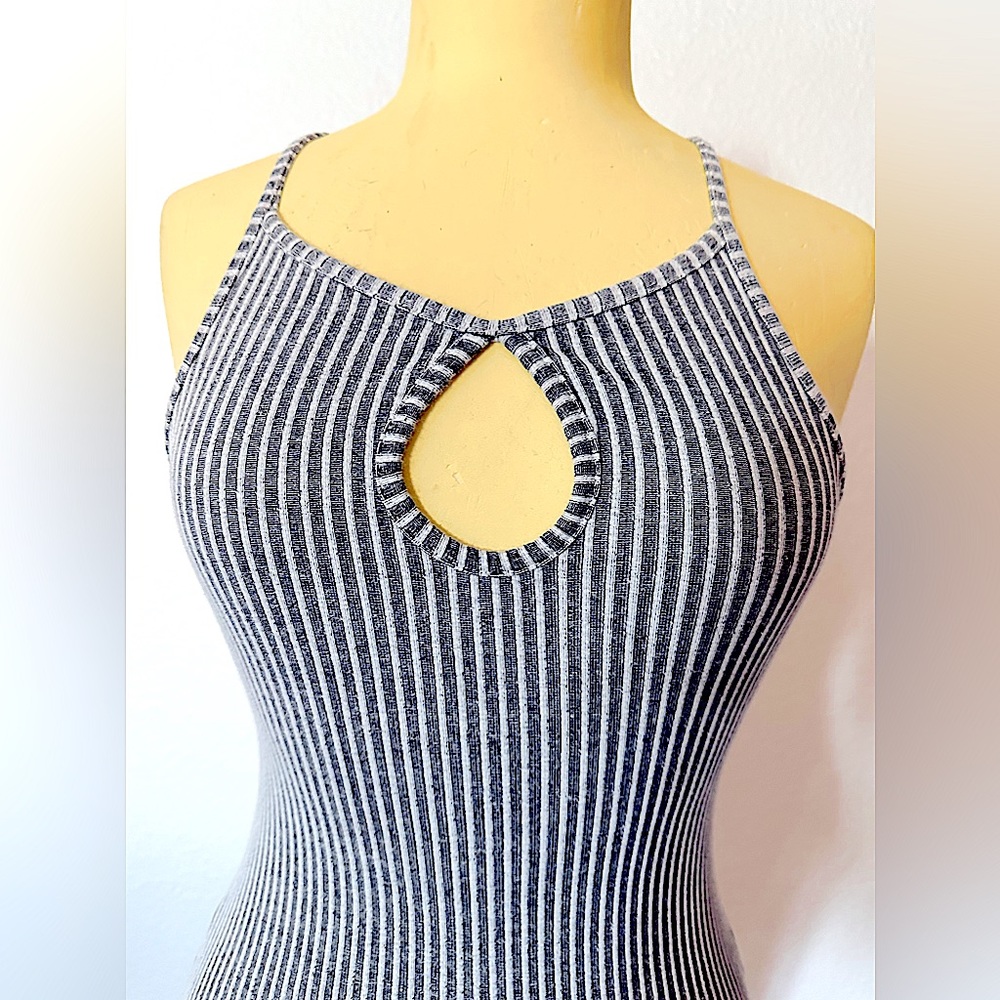 Grey & White Vertical Striped Mid Length Dress